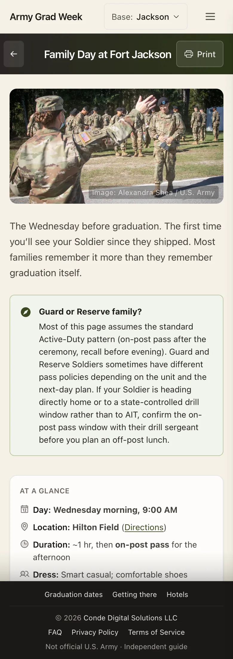 Army Grad Week - Family Day gets the same weight as the ceremony. It's the first time families see their Soldier since ship day, and the guide calls out Guard and Reserve pass exceptions instead of assuming the happy path.