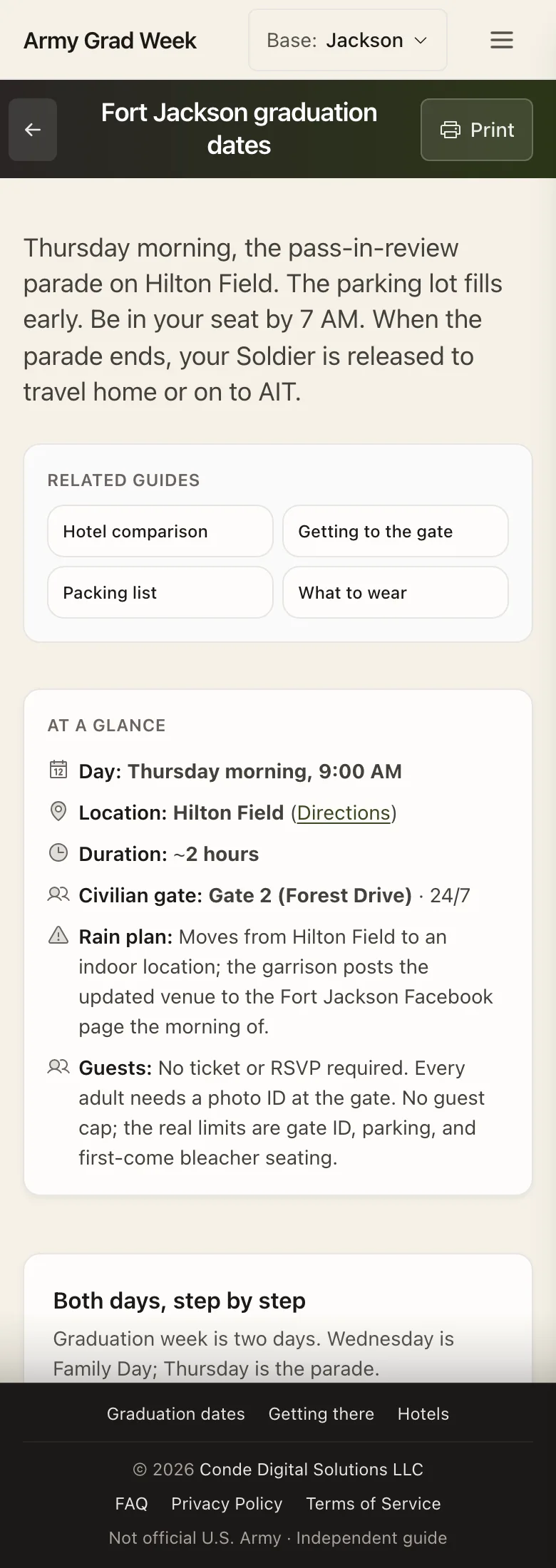 Army Grad Week - Graduation morning at a glance: seat-by time, gate, duration, rain plan, and guest rules. The answers a family needs at 7 AM on Thursday.