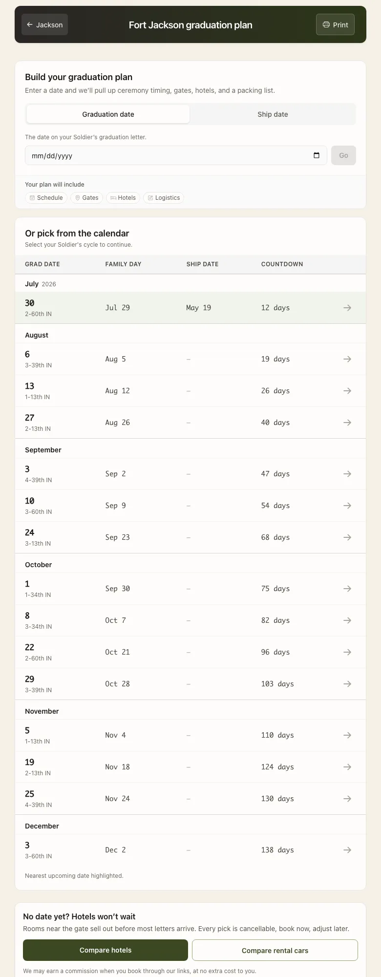 Army Grad Week - The one-input planning model from BMT Grad Week, ported here. Enter one date and the plan derives ceremony timing, gates, hotels, and a packing list, or pick a cycle straight from the calendar, which lists ship date alongside grad date and Family Day.