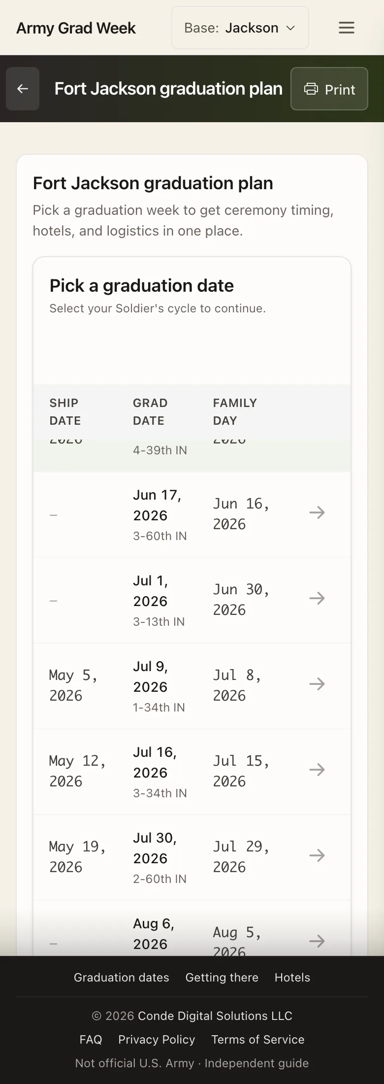 Army Grad Week - The one-input model, second deployment. Pick a graduation week, and ceremony timing, Family Day, and logistics all derive from there. Nothing is manually assembled.