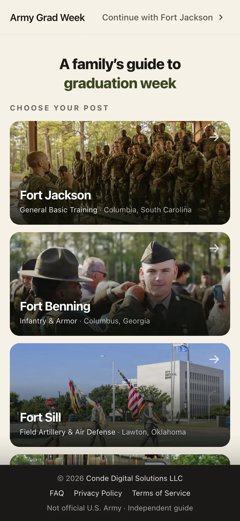Army Grad Week - Choose your post. One codebase carries schedules, base access rules, and lodging for four Army installations. Fort Jackson is first, with the rest staged behind the same data model.