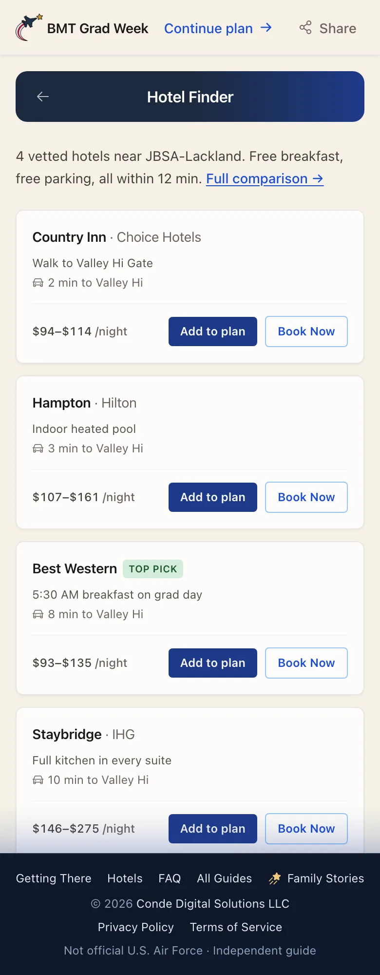 BMT Grad Week - Lodging near the base with distances, price ranges, and a top pick. Hotel commissions fund the site, so families book at the same rate they would find direct. No ads, no trackers.