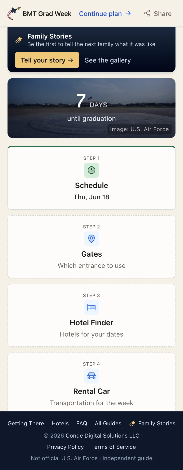 BMT Grad Week - A live countdown to graduation and the four things every family has to sort out: the schedule, gate access, hotels, and a rental car. Each one is a tap into the guide.