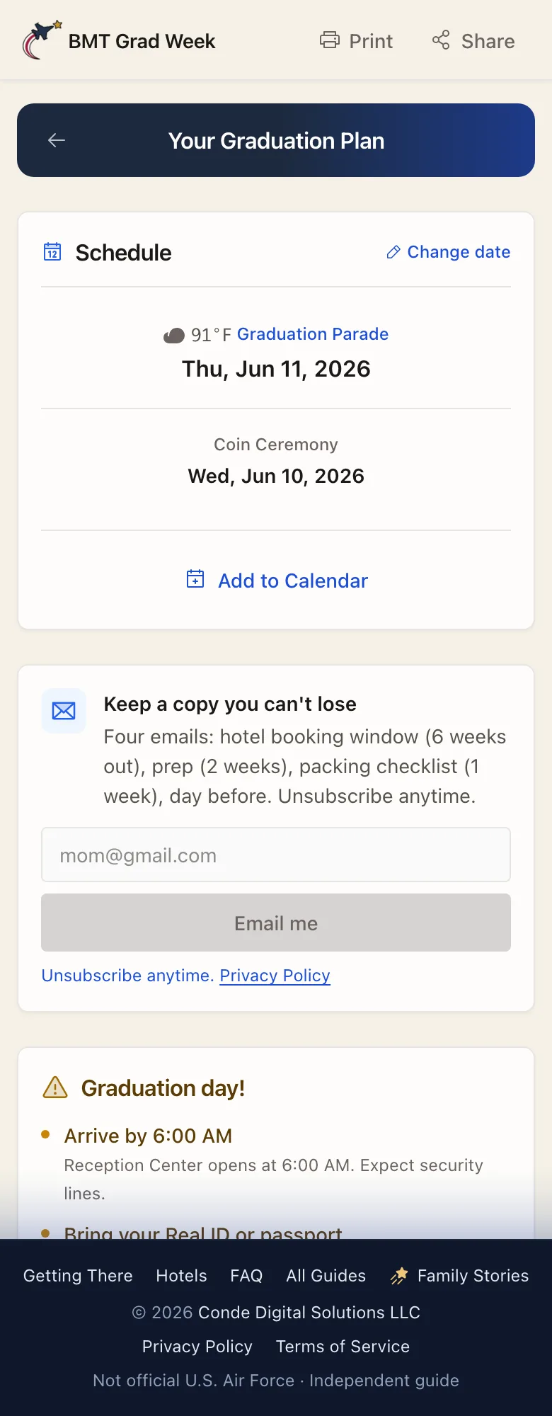BMT Grad Week - One input runs the whole guide. A ship date sets the gate, ceremony times, hotel windows, and a 7-day forecast, with Add to Calendar and an email signup on the same screen.