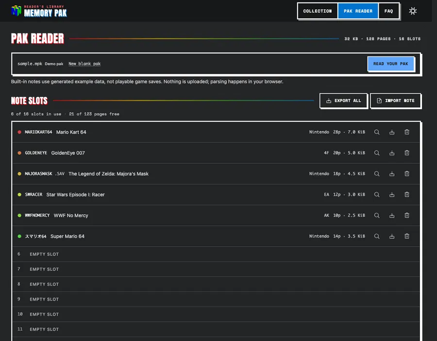 Open a Controller Pak backup or explore the built-in example. Collection, Pak Reader, FAQ and the theme switch share one header.