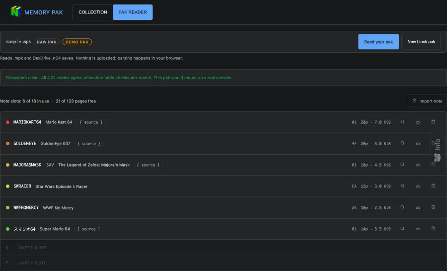 Drop in a real Controller Pak save and every note decodes: names in the console's own character set, resolved game titles, and links to each game's community decompilation project.