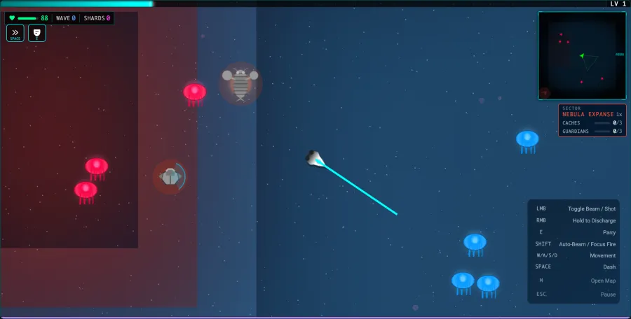 Your beam carves through the swarm while four AI factions contest territory tiles below. The custom ECS engine holds 1000+ entities at 60fps; the minimap tracks how far the spread has gone.
