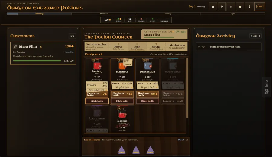 The torchlit dungeon-mouth counter keeps the whole promise in view: weigh Mercy, Fair, or Gouge pricing, compare all five bottles without losing names or forecasts, play Stock Rescue for targeted inventory, or turn the hanging sign to CLOSED when the day's risk is no longer worth it.