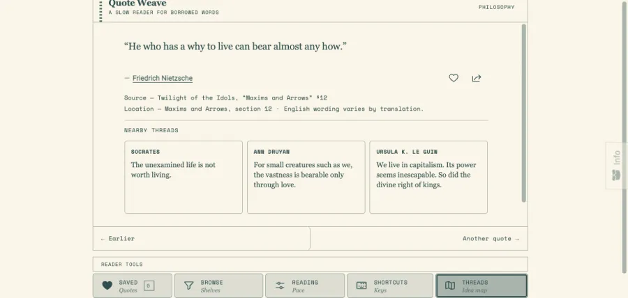 A quote, its source, and three nearby lines. The page stays put while the line types.