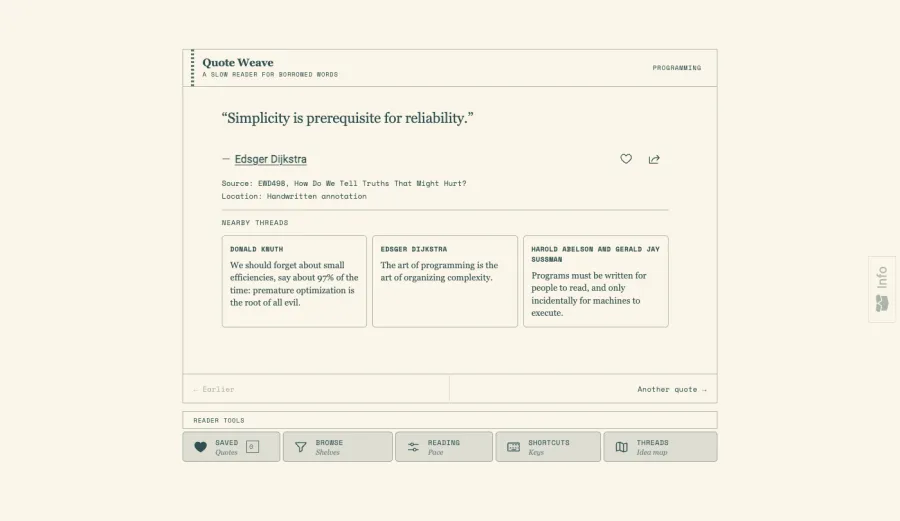 A quote, its source, and three nearby lines. The page stays put while the line types.