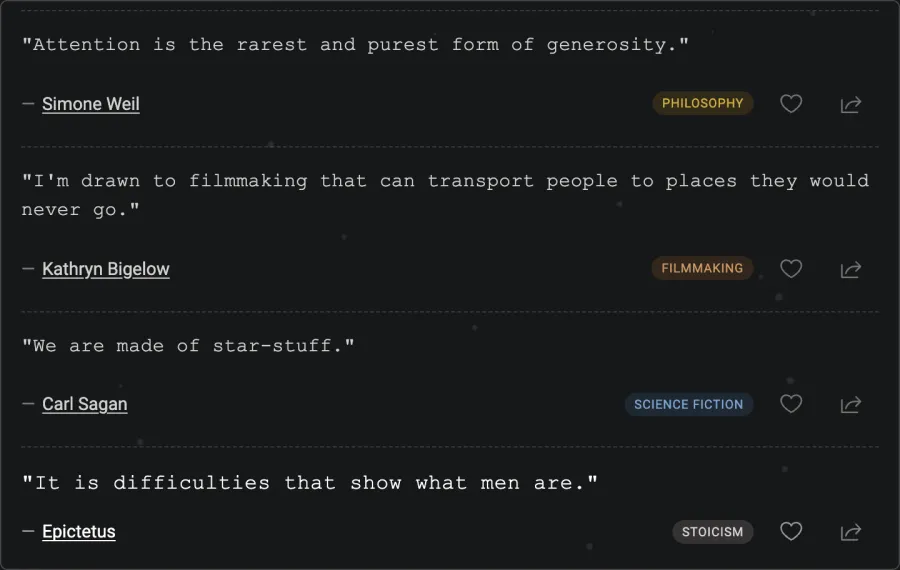 The reading view types each quote out character by character, with author attribution, a theme tag, and one-tap favorite and share-card actions.