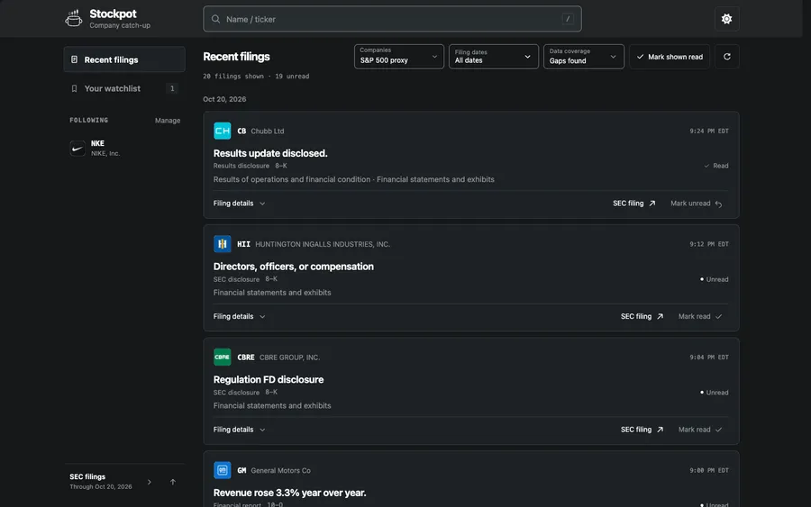 Browse filings by publication date, check coverage, and mark the filings shown as read.