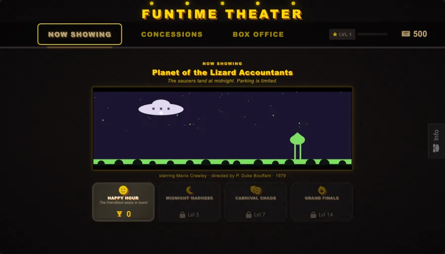 The marquee plays a procedurally authored B-movie: a seeded title, genre arc, and cast, rendered live on canvas while the audience reacts beat by beat to what is on screen.